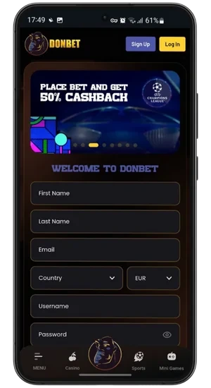 Sign-up screen in casino