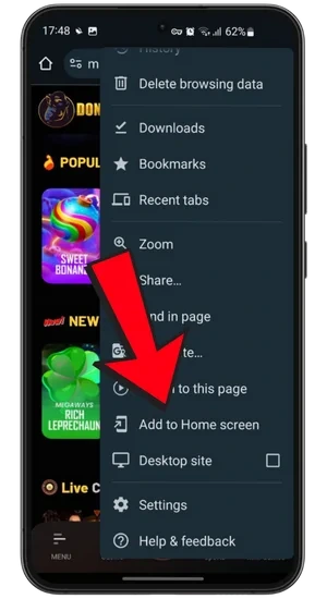 Chrome share icon for casino app