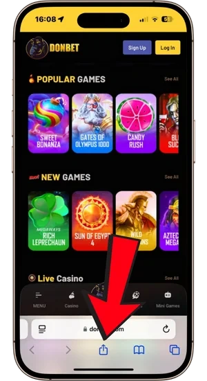 iOS share menu for Donbet site